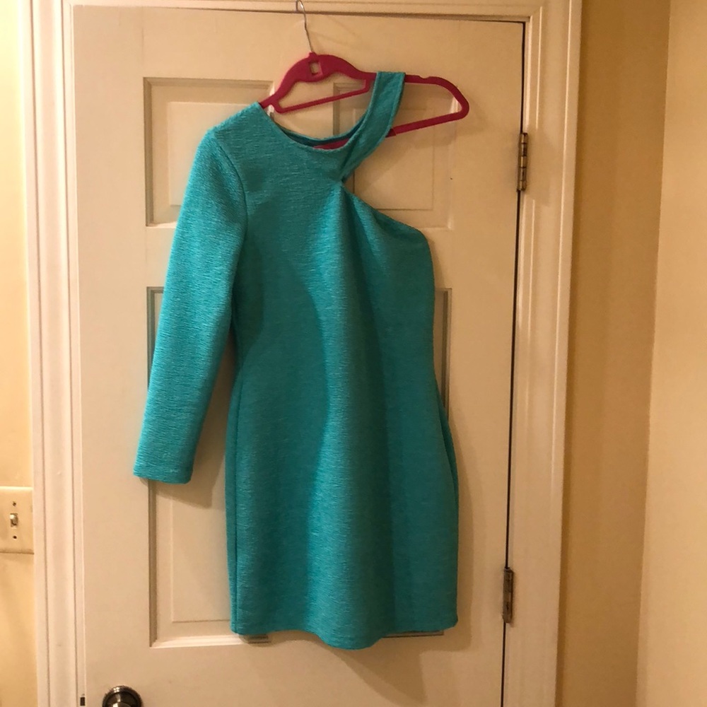 Turquoise, one shoulder dress
